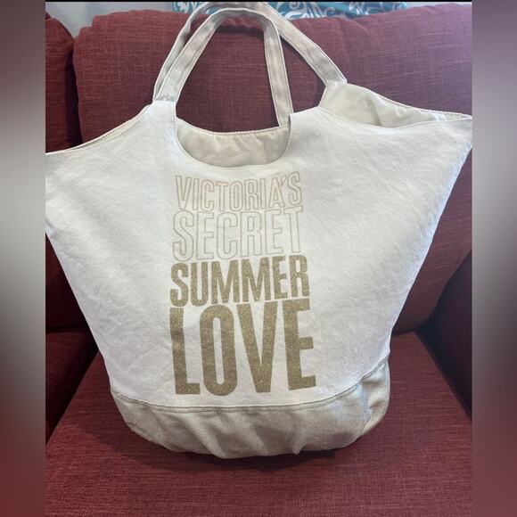 Victorias Secret Sparkle Glitter Summer Love CanvasTote Bag Weekender Gold Cream - Picture 5 of 9